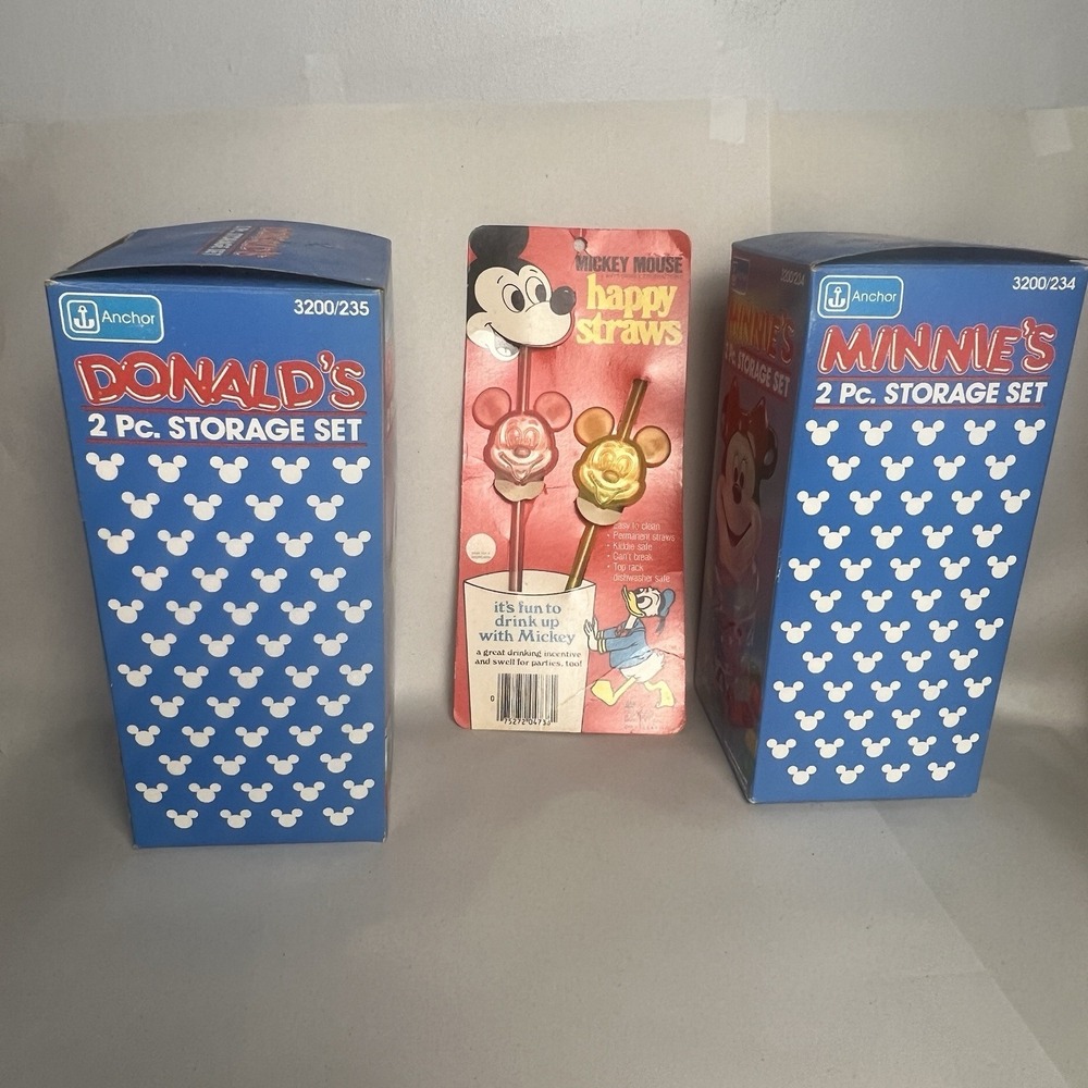 Vintage Disney Donald & Minnie Glass Anchor Hocking Adorable Storable Jar/Straws - Picture 2 of 13